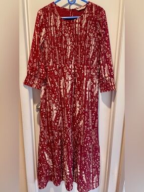 Soft Surroundings Red and Cream  Floral Batik Maxi Dress, Size 8 (M)